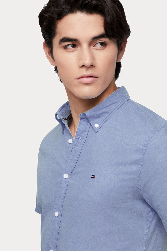 Camisa Tommy Hilfiger Manga Curta Regular Fit Oxford Azul Aço