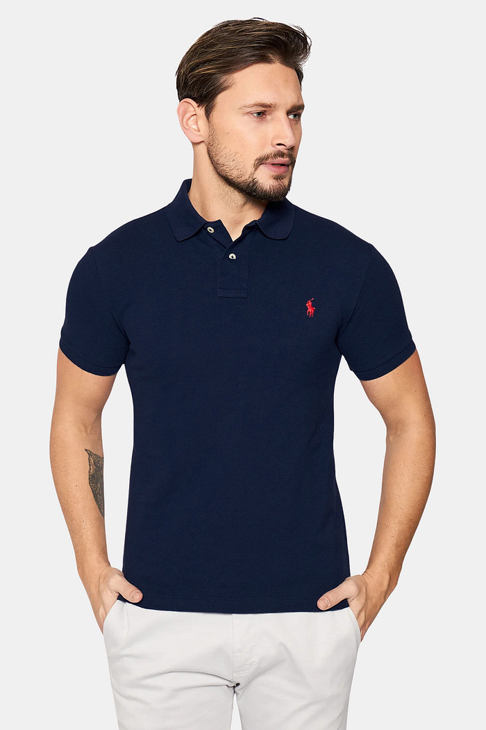 Camisa Polo Ralph Lauren Custom Slim Fit Red Icon Azul Marinho