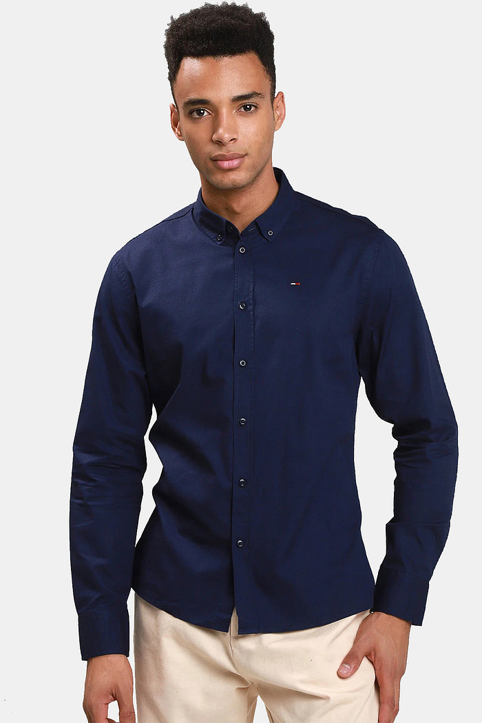 Camisa Tommy Jeans Masculina Regular Oxford Stretch Azul Marinho