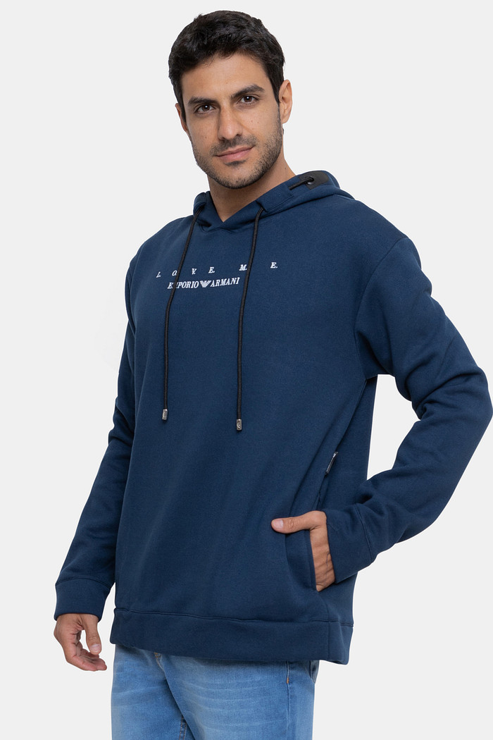 Blusa Moletom Emporio Armani Masculina Love Me Bordado Azul Marinho