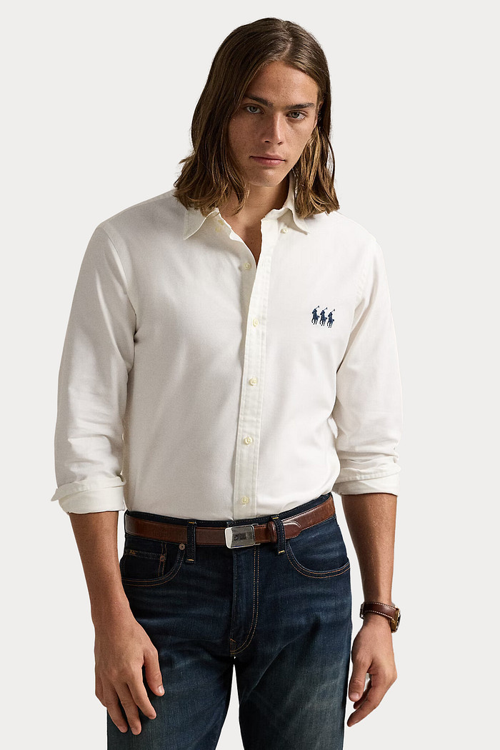Camisa Ralph Lauren em Sarja Custom Fit Navy Blue Icons Off White