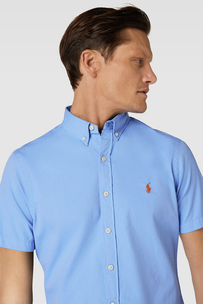 Camisa Ralph Lauren Manga Curta Orange Icon Popeline Azul Claro