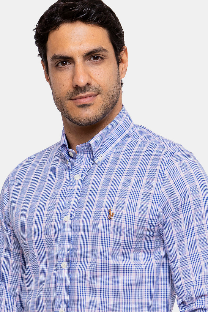 Camisa Ralph Lauren Custom Fit Icon Colored Tricoline Xadrez Rosa e Azul