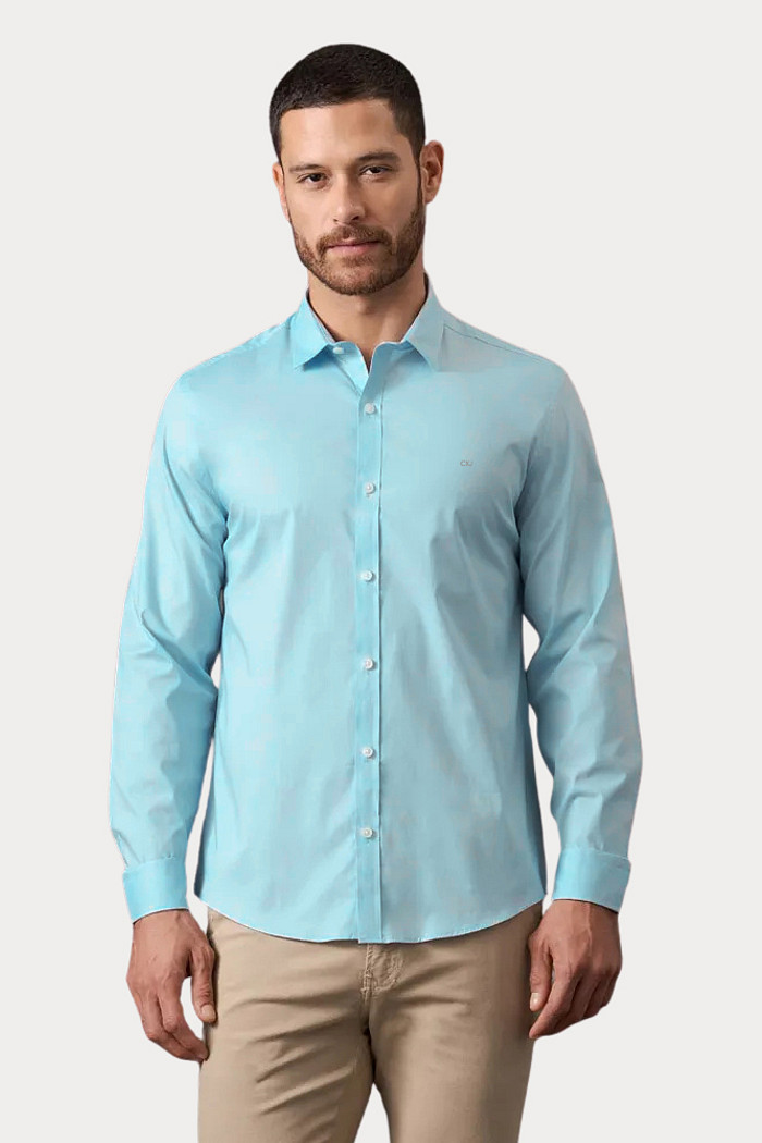 Camisa Calvin Klein Jeans Slim Fit Logo CKJ Oxford Azul Claro