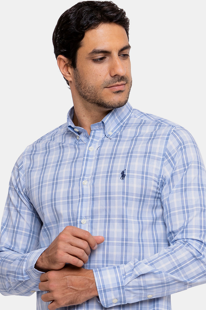 Camisa Ralph Lauren Custom Fit Tricoline Navy Icon Xadrez Azul Claro