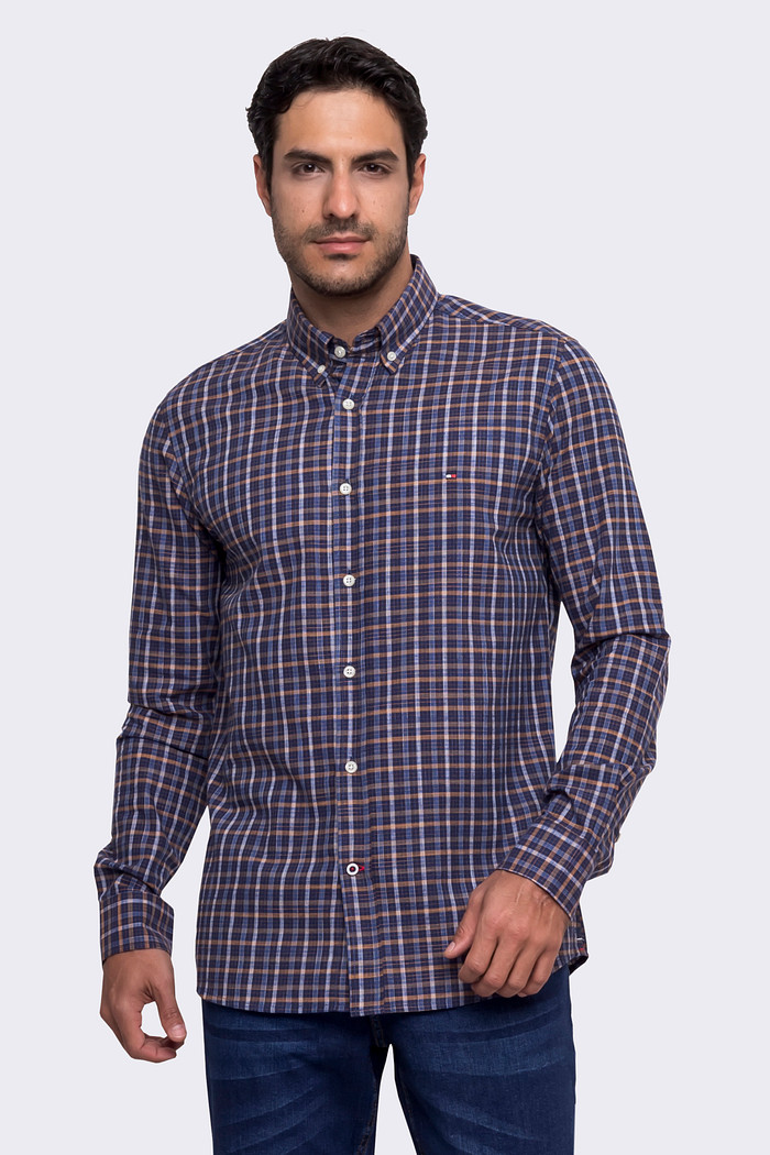 Camisa Tommy Hilfiger Regular Fit Xadrez Madras Flamê Azul Marinho