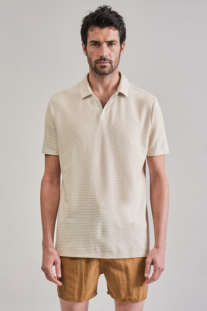 Camisa Polo Bata Reserva Listrada Oliveiras Bege Natural