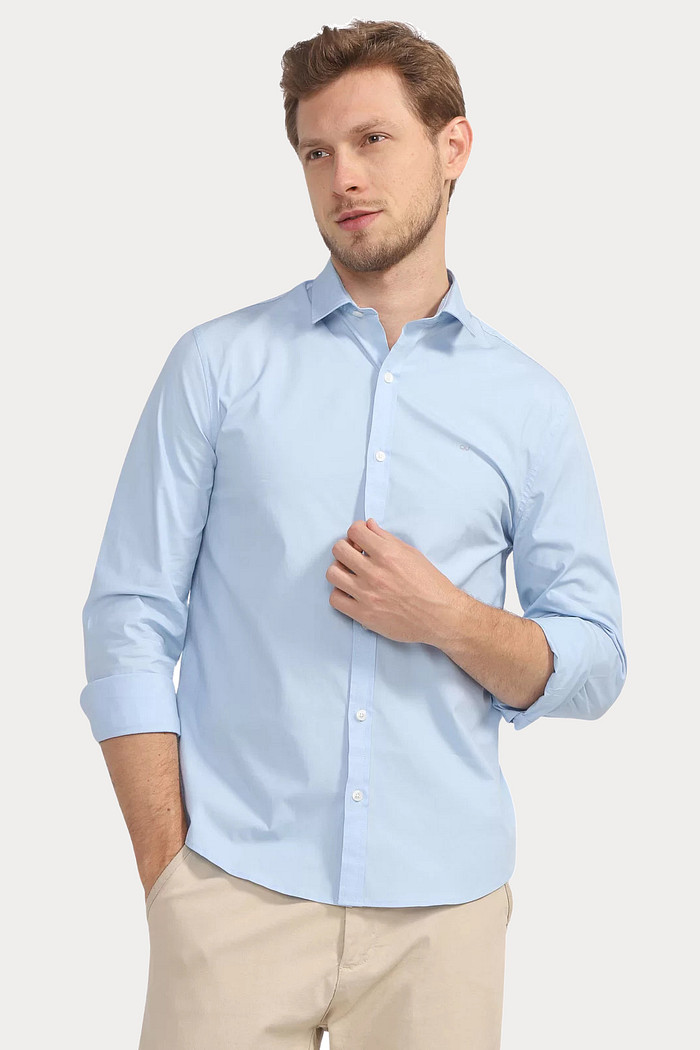Camisa Calvin Klein Jeans Slim Fit Logo CKJ Oxford Strech Azul Claro