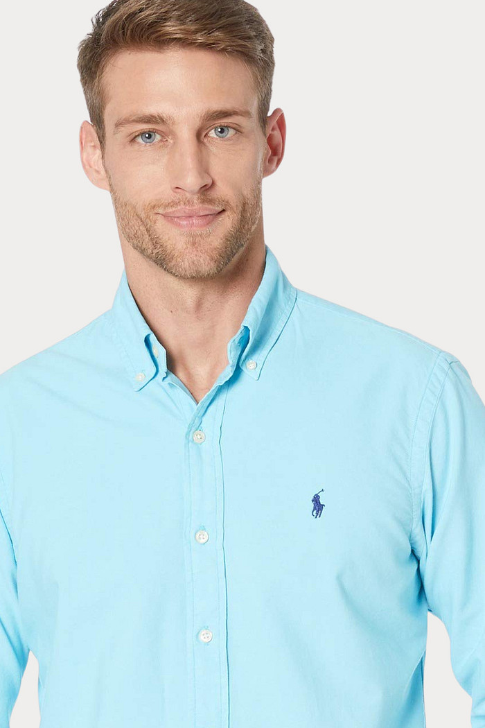 Camisa Ralph Lauren Custom Fit Navy Icon Oxford Azul Claro