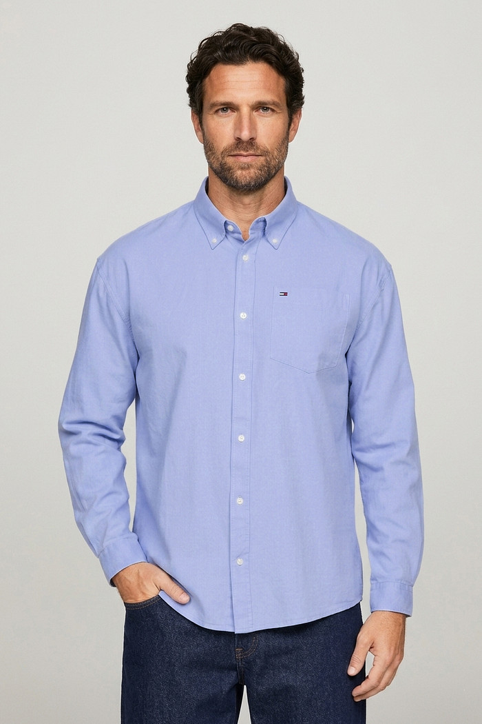 Camisa Tommy Jeans Masculina Relaxed Fit Pocket Oxford Shirt Azul Celeste