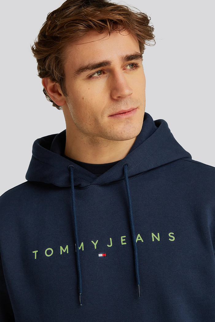 Moletom Tommy Jeans Masculino Regular Linear Logo Hoodie Marinho Perfil 