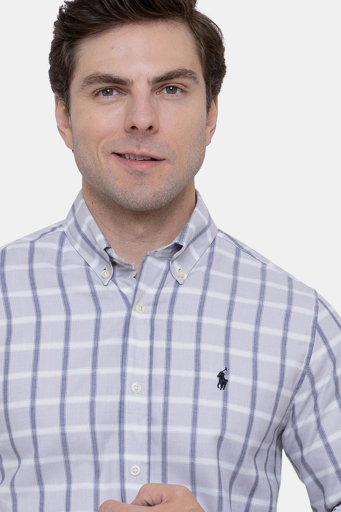 Camisa Ralph Lauren Custom Fit Black Icon Xadrez Oxfordini Cinza Claro