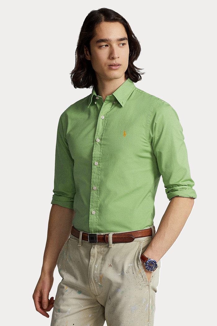 Camisa Ralph Lauren Custom Fit Ocre Icon Tricoline Verde Claro
