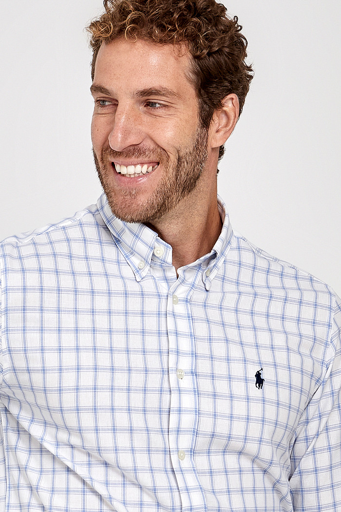 Camisa Ralph lauren Custom Fit Navy Icon Xadrez Cotton Oxford Branca