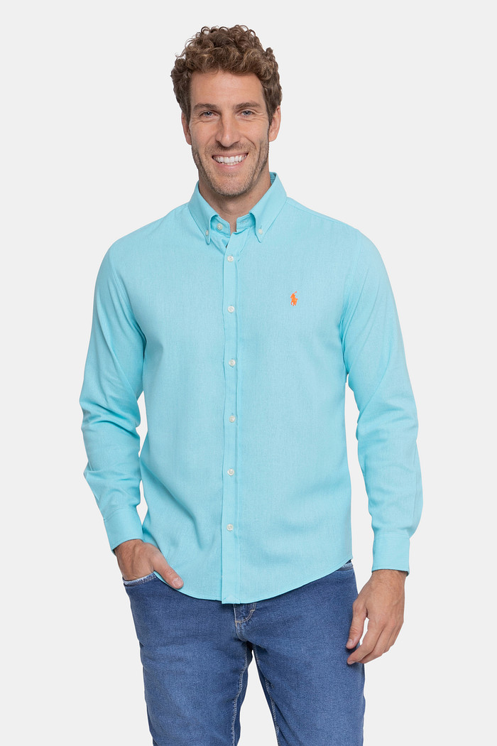 Camisa Ralph Lauren Custom Fit Linho Orage Icon Azul Agua