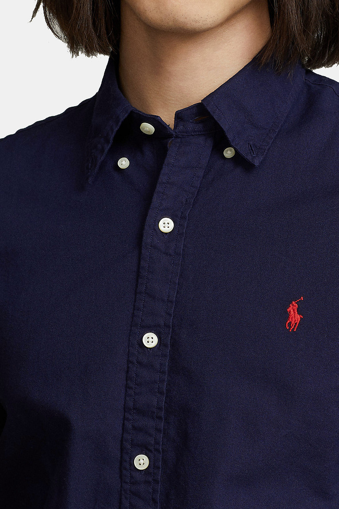 Camisa Ralph Lauren Custom Fit Red Icon Oxford Azul Marinho