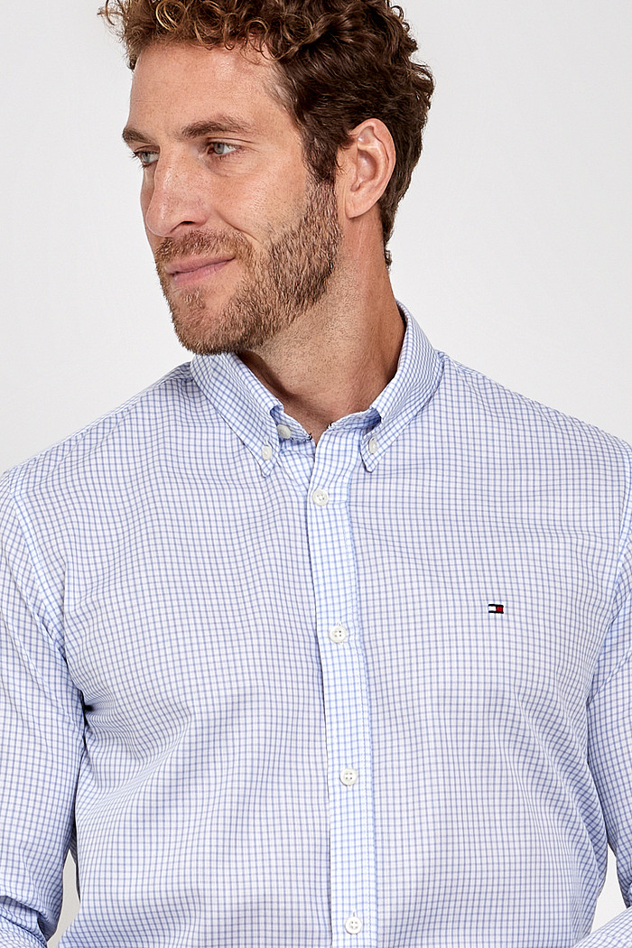 Camisa Tommy Hilfiger Regular Fit Tricoline Xadrez Grid Azul e Branca
