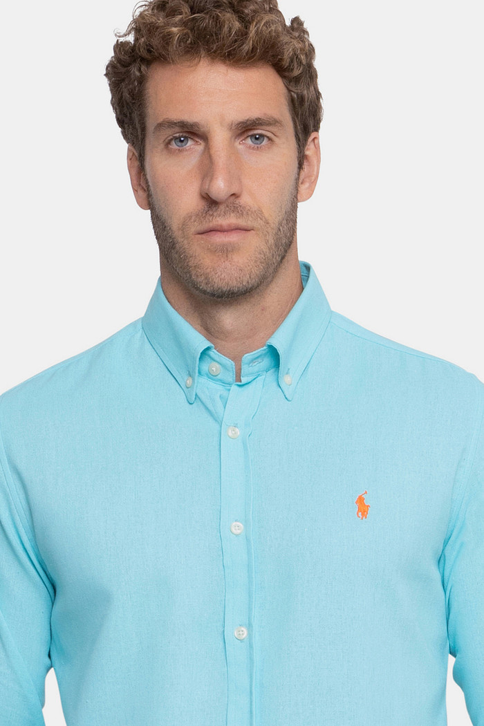 Camisa Ralph Lauren Custom Fit Linho Orage Icon Azul Agua