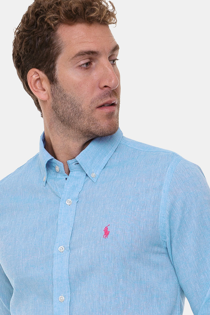 Camisa Ralph Lauren Custom Fit Masculina Pink Icon Linho Mescla Azul Claro