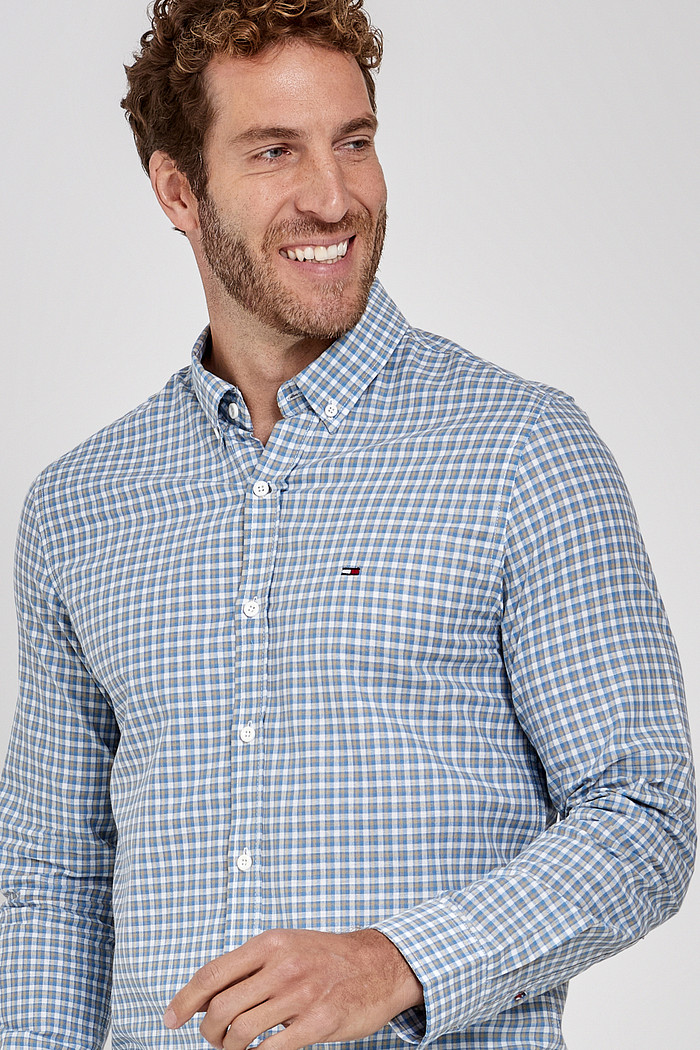 Camisa Tommy Jeans Masculina Regular Essential Xadrez Grid Oxford Azul/Bege Aproximada