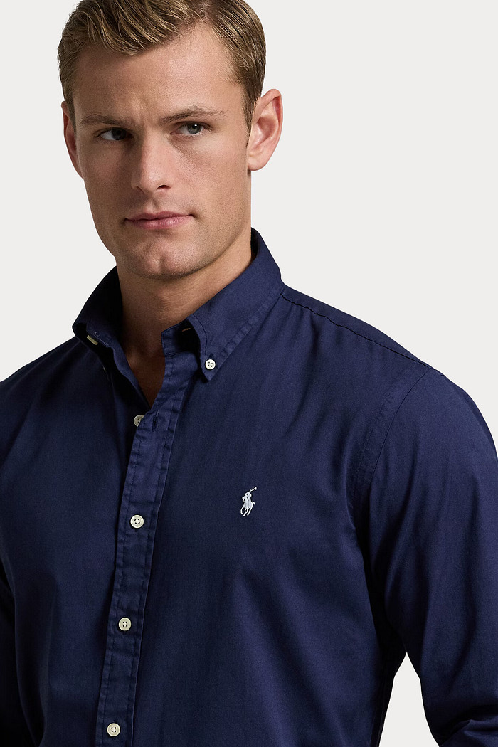 Camisa Ralph Lauren Custom Fit White Icon Oxford Azul Marinho