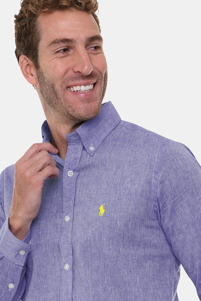 Camisa Ralph Lauren Custom Fit Masculina Yellow Icon Linho Mescla Azul