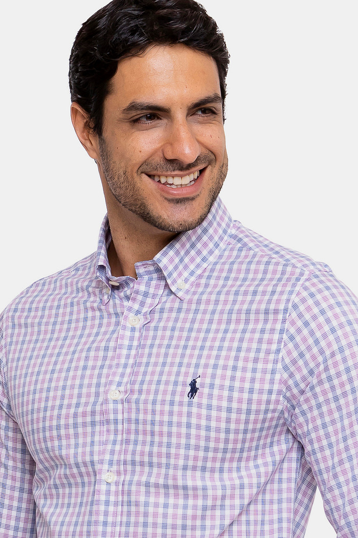 Camisa Ralph Lauren Custom Fit Tricoline Xadrez Marinho e Bordô