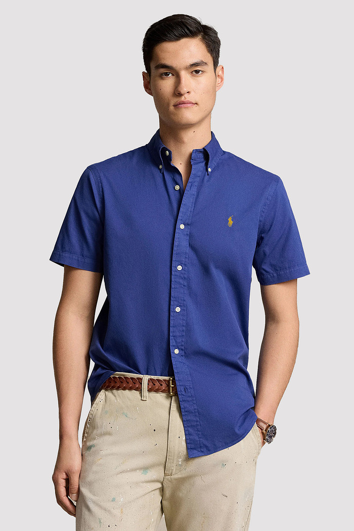 Camisa Ralph Lauren Manga Curta Gold Icon Cotton Oxford Azul