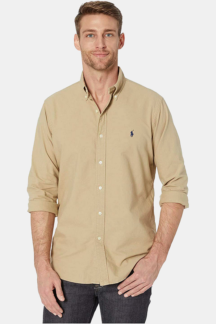 Camisa Ralph Lauren Custom Fit Navy Icon Oxford Bege