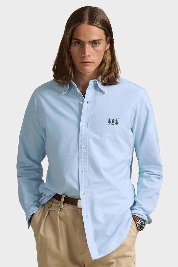 Camisa Ralph Lauren em Sarja Custom Fit Navy Blue Icons Azul Claro