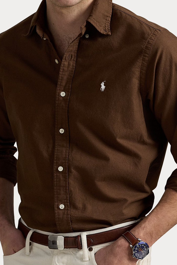 Camisa Ralph Lauren Custom Fit White Icon Oxford Marrom
