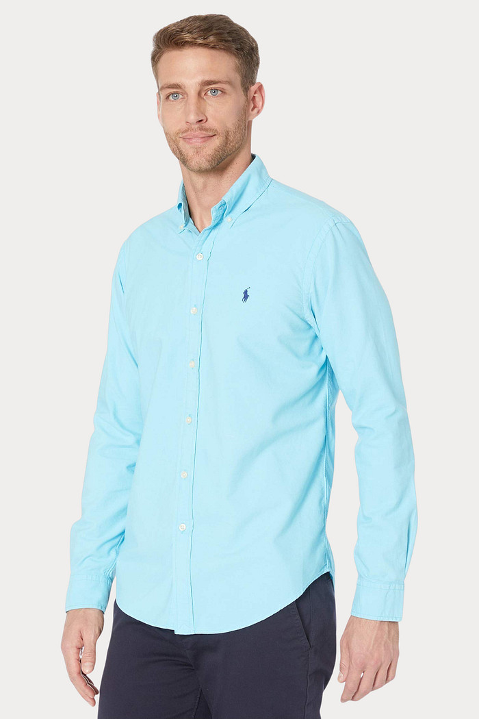 Camisa Ralph Lauren Custom Fit Navy Icon Oxford Azul Claro