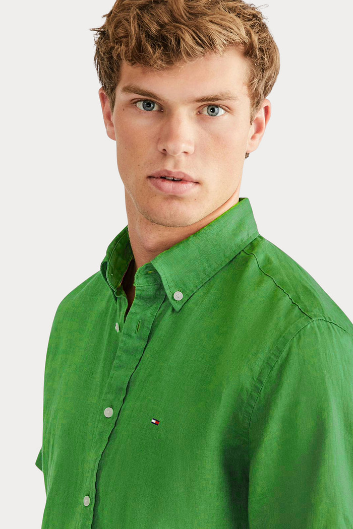 Camisa Tommy Hilfiger Manga Curta Masculina Regular Linho Blend Verde