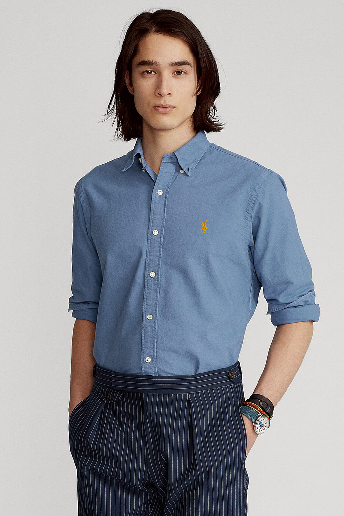 Camisa Ralph Lauren Custom Fit Gold Icon Oxford Azul Acinzentado
