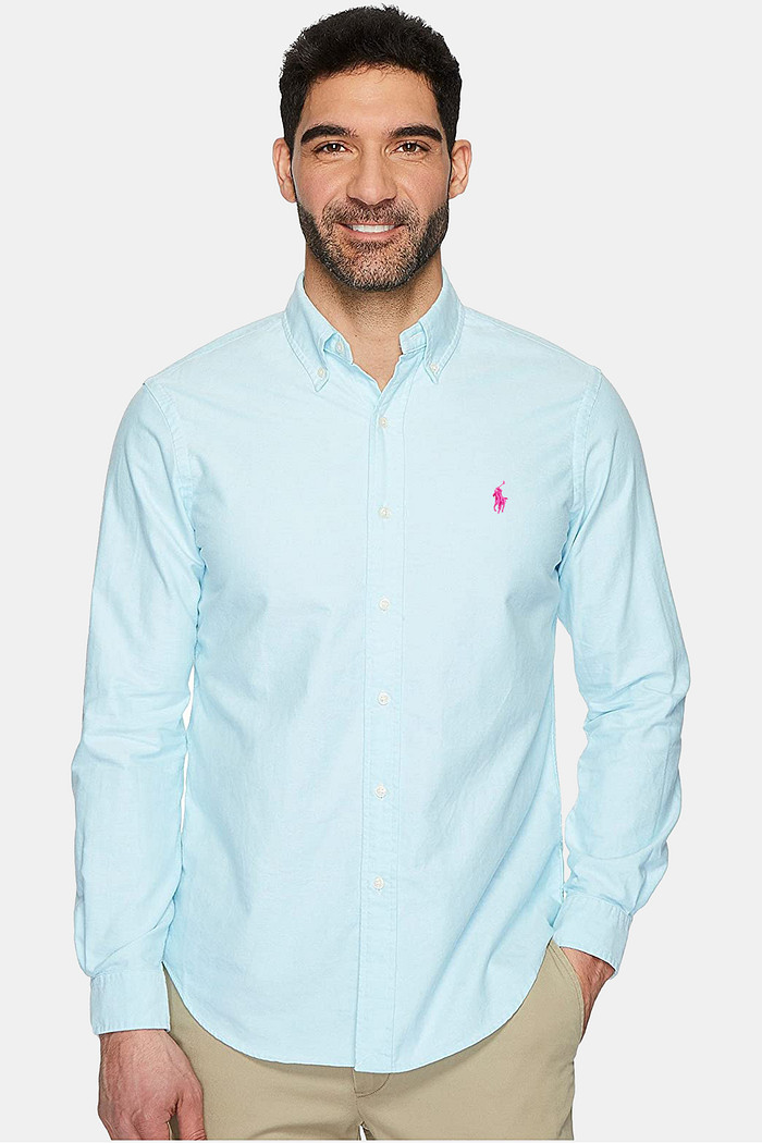 Camisa Ralph Lauren Custom Fit Sarja Pink Icon Azul Claro
