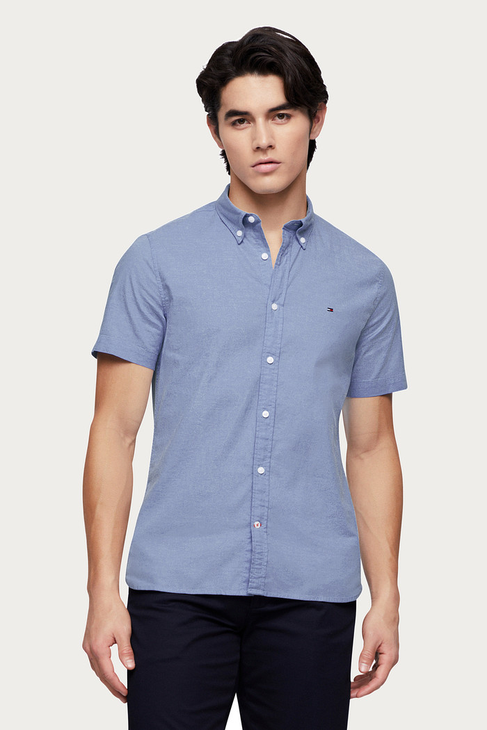 Camisa Tommy Hilfiger Manga Curta Regular Fit Oxford Azul Aço