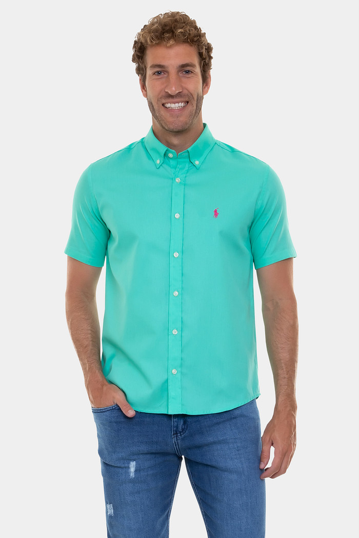 Camisa Ralph Lauren Manga Curta Custom Fit Pink Icon Tricoline Verde