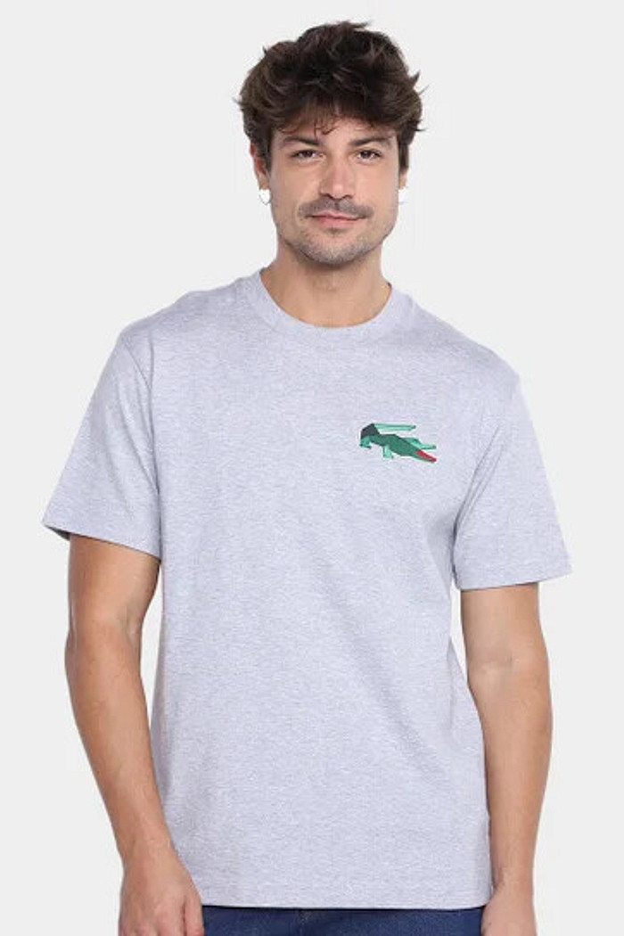 Camiseta Lacoste Classic Fit Crocodilo Bordado Cinza Mescla