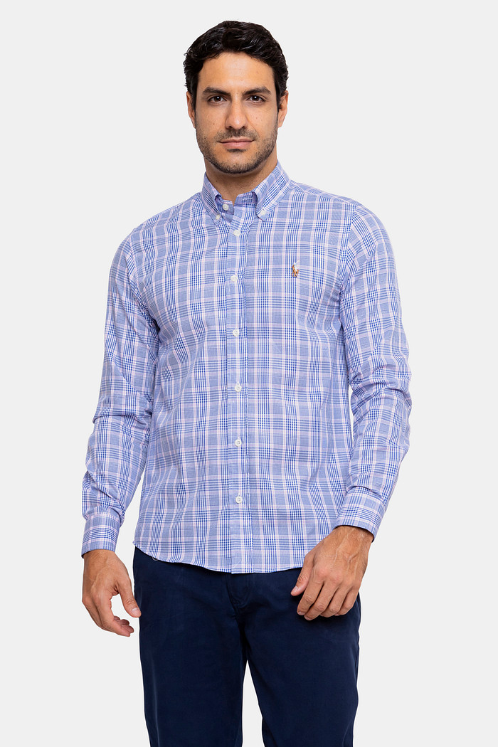 Camisa Ralph Lauren Custom Fit Icon Colored Tricoline Xadrez Rosa e Azul