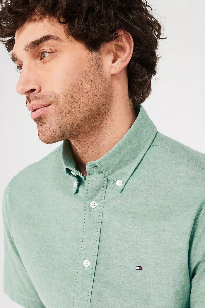 Camisa Tommy Hilfiger Manga Curta Regular Fit Oxford Verde Claro