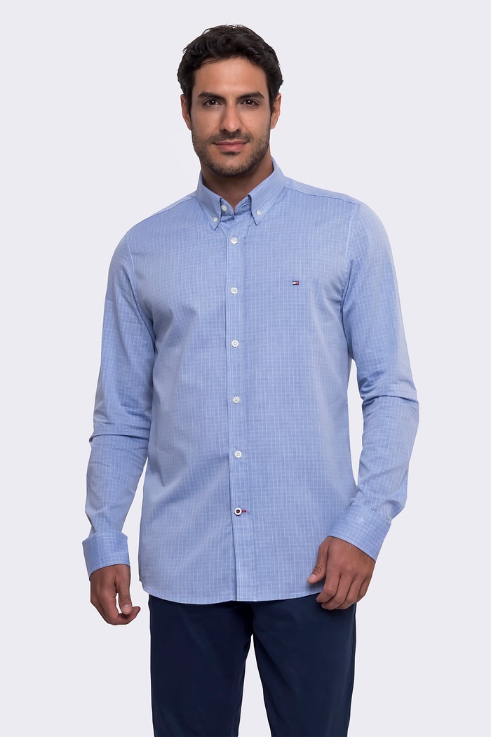 Camisa Tommy Hilfiger Masculina Regular Fit Xadrez Grid Azul Claro