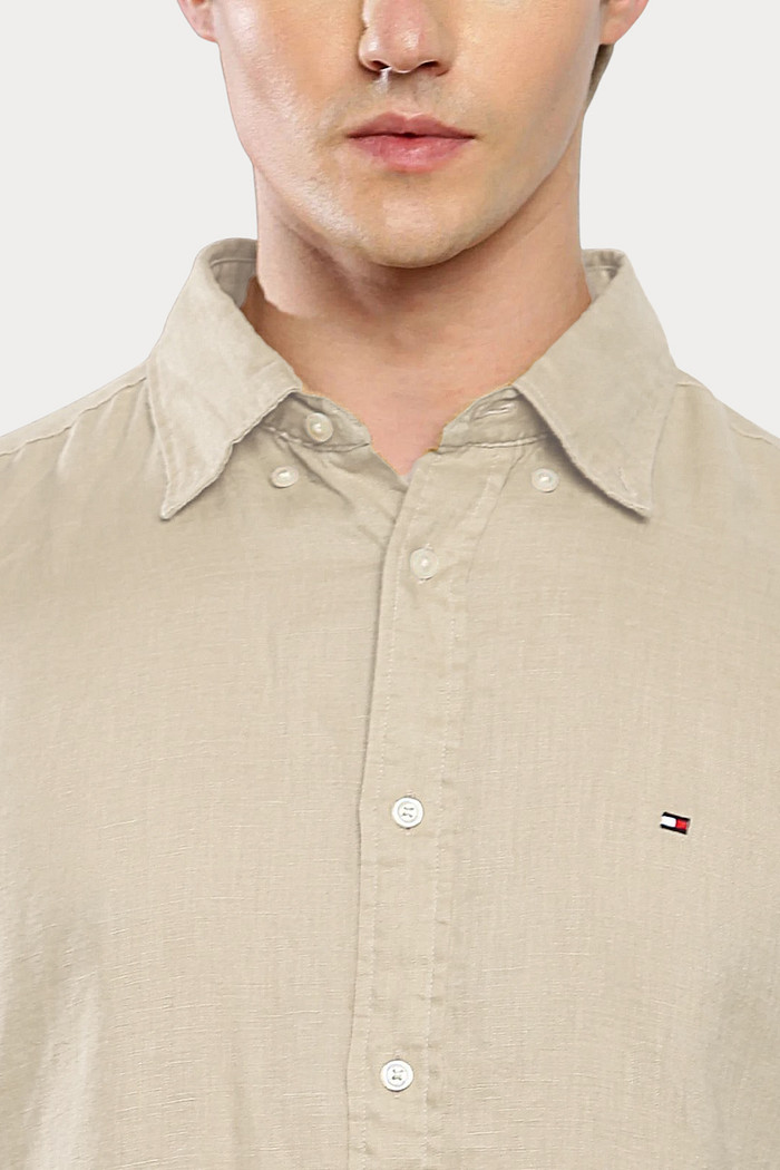 Camisa Tommy Hilfiger Manga Curta Masculina Regular Linho Blend Bege Natural