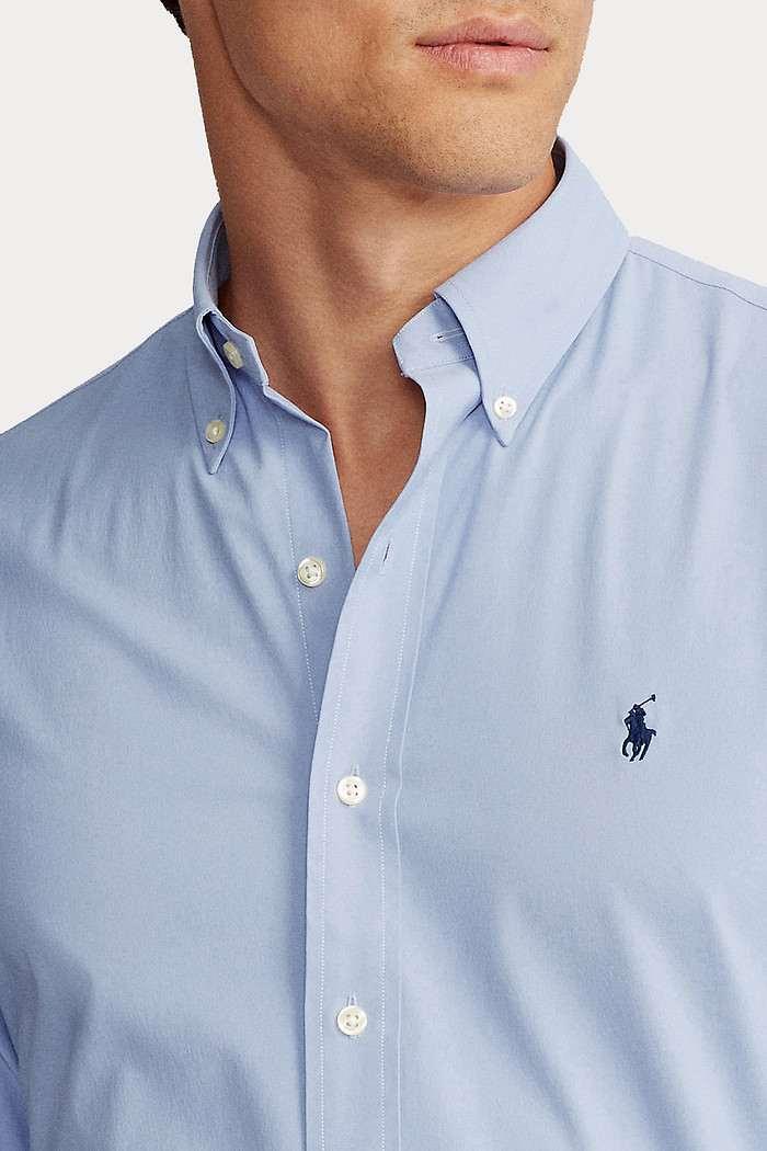 Camisa Ralph Lauren Custom Fit Navy Icon Tricoline Azul Claro