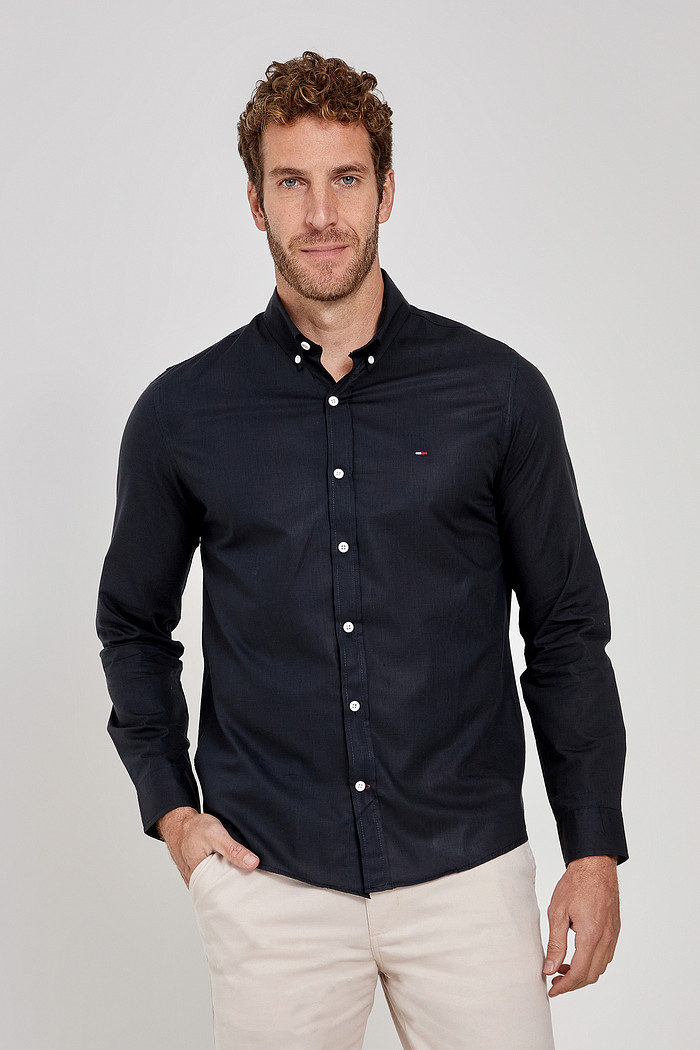 Camisa Tommy Jeans ML Masculina Regular Machined Shirt Preta Frente