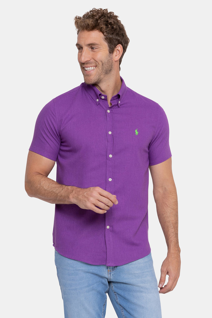 Camisa Ralph Lauren Masculina Manga Curta Linho Roxa