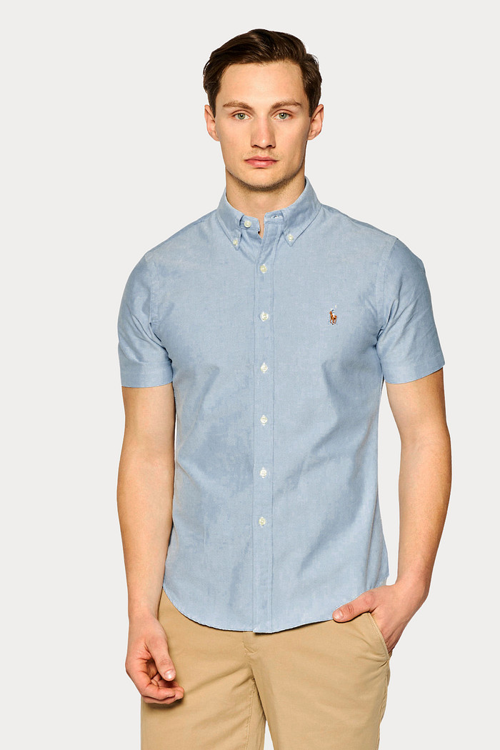 Camisa Ralph Lauren Manga Curta Icon Colored Cotton Oxford Azul Aço