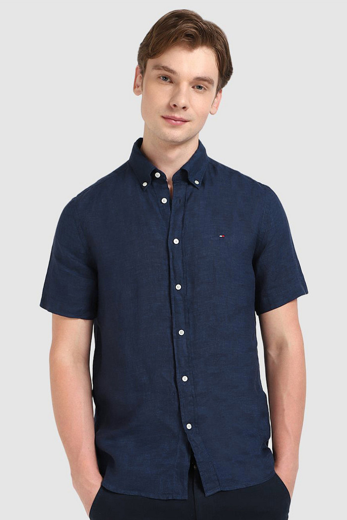 Camisa Tommy Hilfiger Manga Curta Masculina Regular Linho Blend Azul Marinho