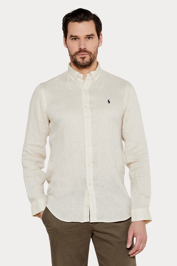 Camisa Ralph Lauren Masculina Custom Fit Navy Icon Linho Creme Off White