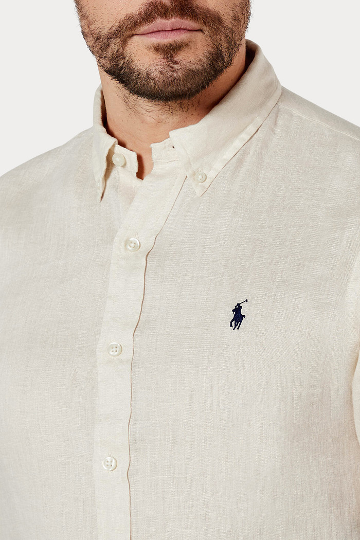 Camisa Ralph Lauren Masculina Custom Fit Navy Icon Linho Creme Off White