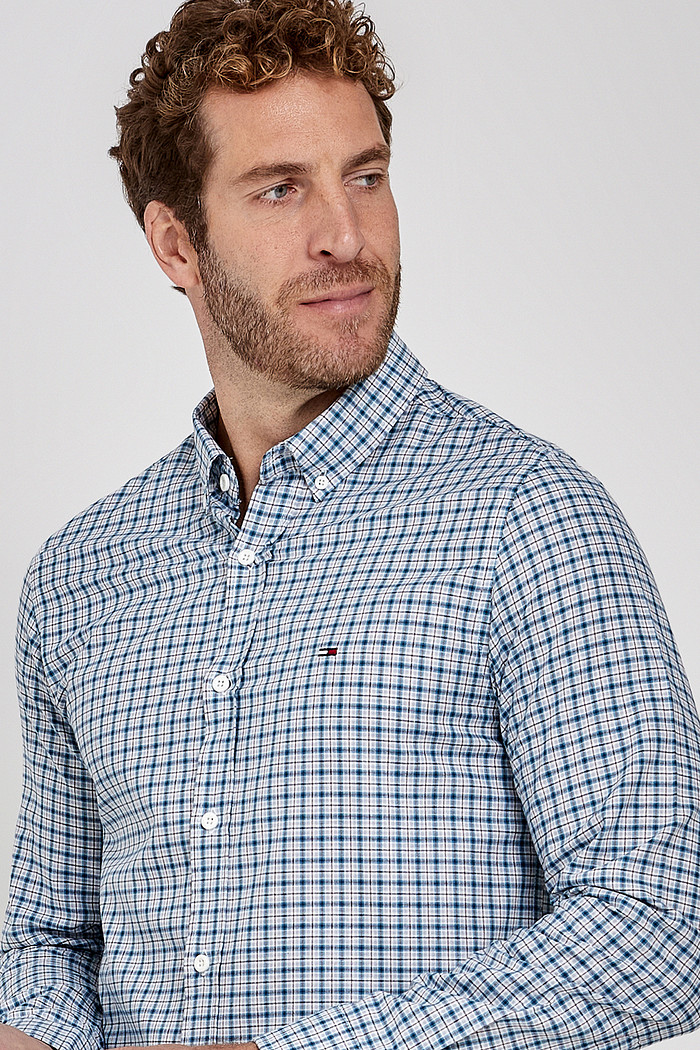 Camisa Tommy Jeans Masculina Regular Essential Xadrez Grid Oxford Azul/Vinho Aproximado